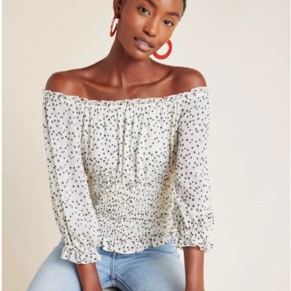 Anthropologie Lucia Blouse Top Smocked Cottagecore Polka Dot White Black Small - Picture 1 of 4